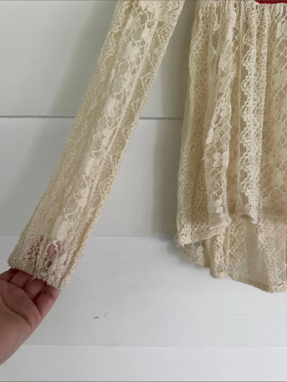 Free People Cream Lace Peasant Blouse with Red Embroidered Bib